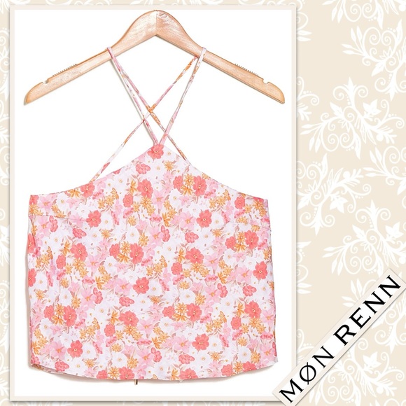 Mon Renn Hillside Floral Halter Top in Hillside Floral (White, Pink, Orange) - Picture 4 of 4